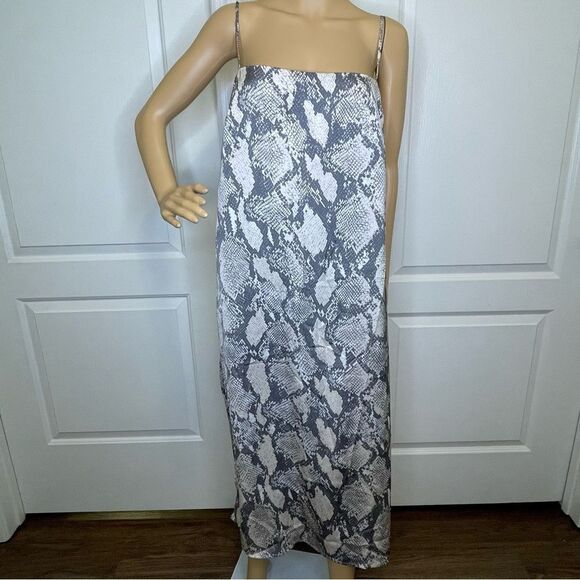 H&M Flowy Snakeskin Print Boxy MIDI Dress Spaghetti Straps Gray Beige White Med - Picture 2 of 10